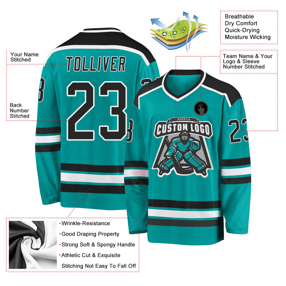 Custom Aqua Black-White Hockey Jersey - Sky-Custom