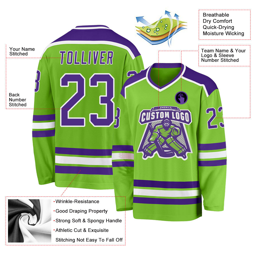 Custom Neon Green Purple-White Hockey Jersey - Sky-Custom