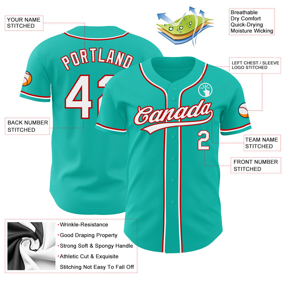 Custom Aqua White-Red Authentic Baseball Jersey - Sky-Custom