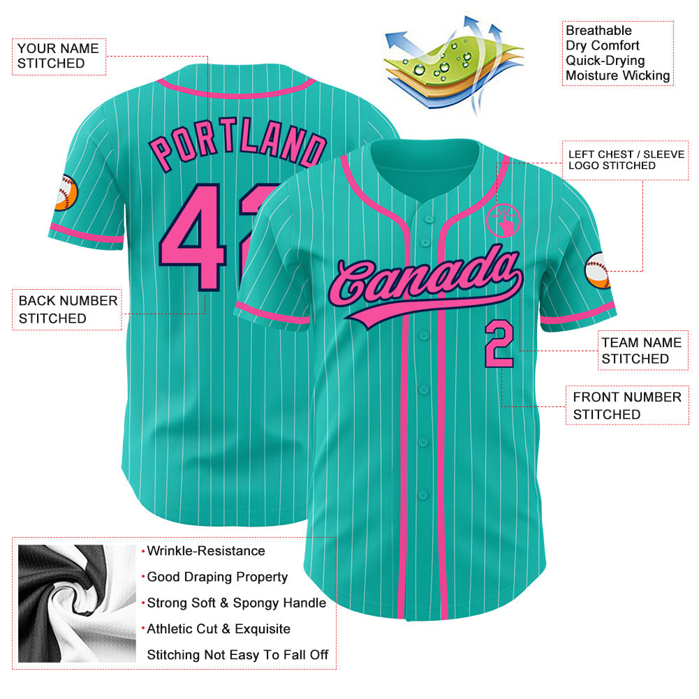 Custom Aqua White Pinstripe Pink-Navy Authentic Baseball Jersey - Sky-Custom