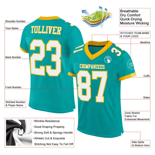 Custom Aqua White-Gold Mesh Authentic Football Jersey - Sky-Custom