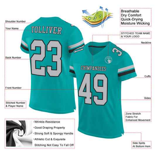 Custom Aqua Gray-Black Mesh Authentic Football Jersey - Sky-Custom