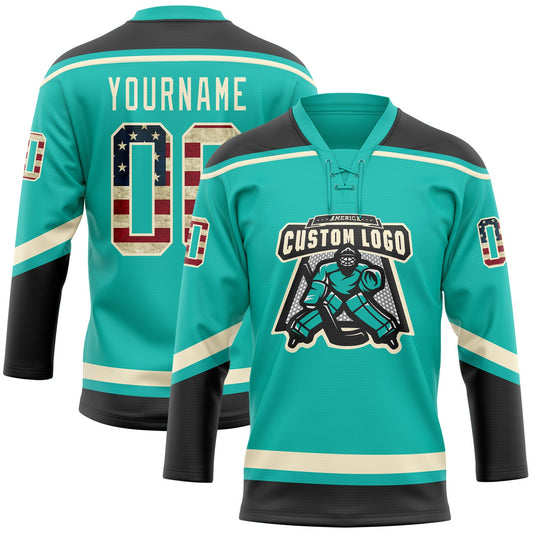 Custom Aqua Vintage USA Flag Black-Cream Hockey Lace Neck Jersey - Sky-Custom