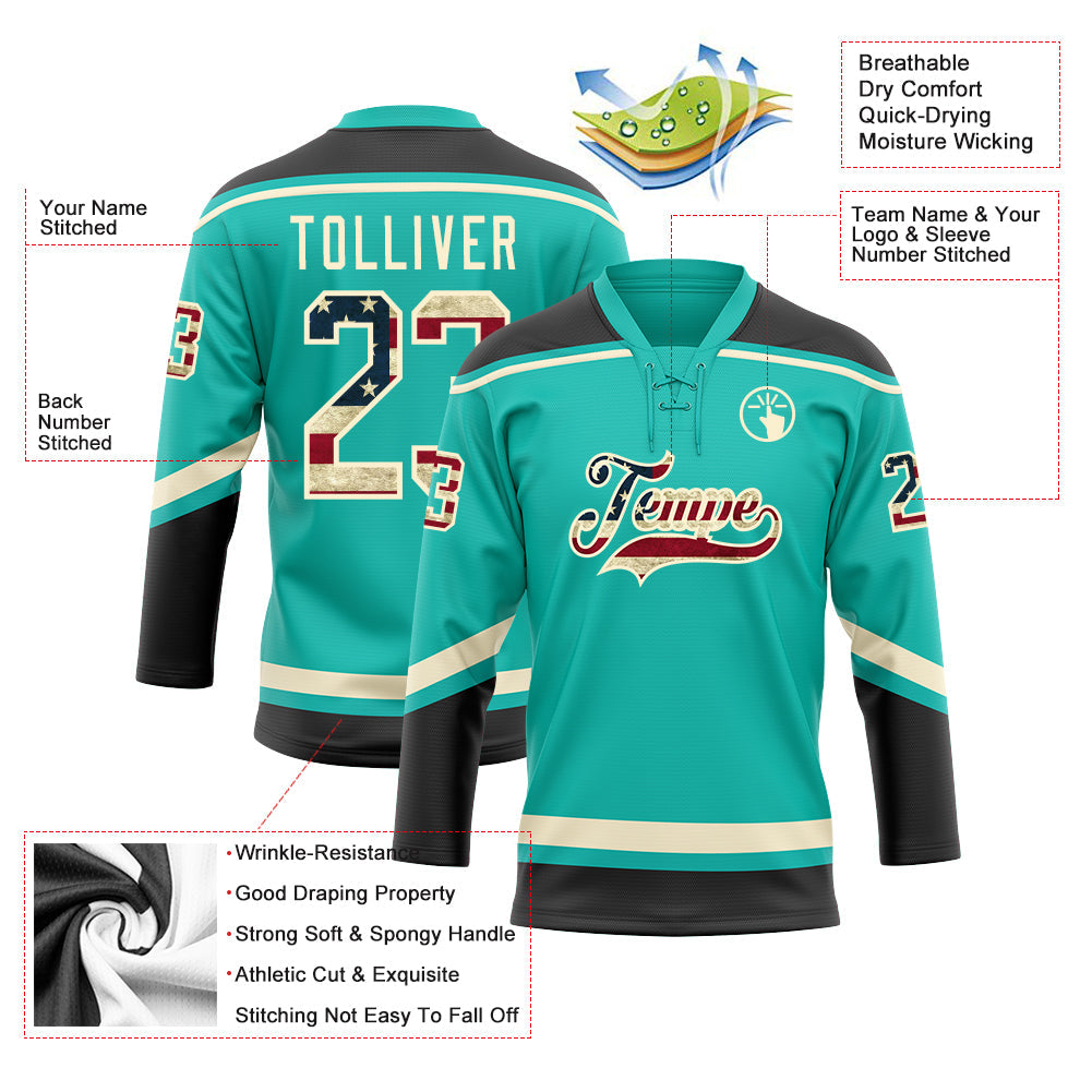 Custom Aqua Vintage USA Flag Black-Cream Hockey Lace Neck Jersey - Sky-Custom
