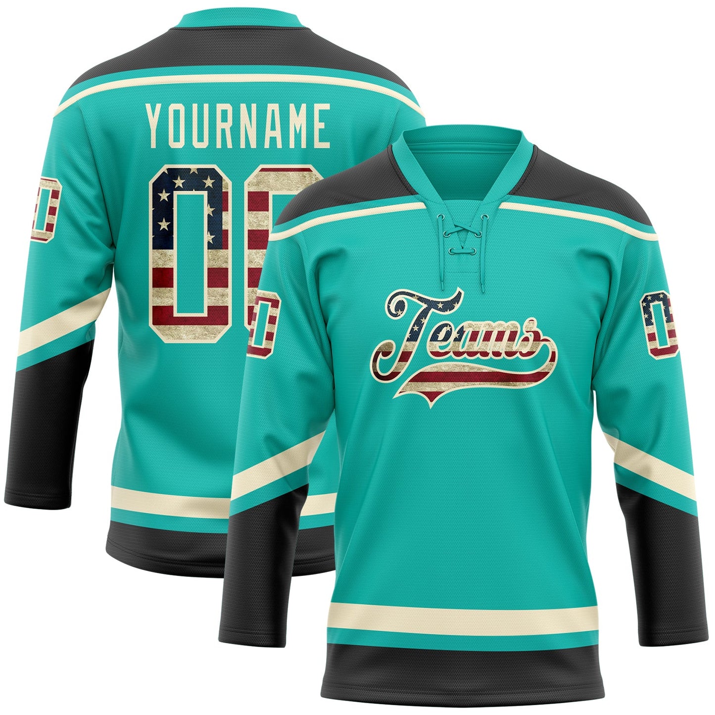 Custom Aqua Vintage USA Flag Black-Cream Hockey Lace Neck Jersey - Sky-Custom