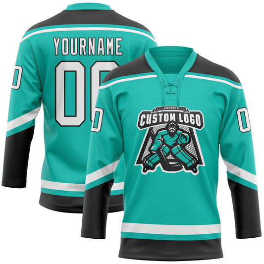 Custom Aqua White-Black Hockey Lace Neck Jersey - Sky-Custom