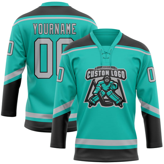 Custom Aqua Gray-Black Hockey Lace Neck Jersey - Sky-Custom