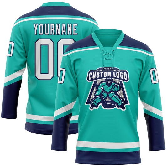 Custom Aqua White-Navy Hockey Lace Neck Jersey - Sky-Custom