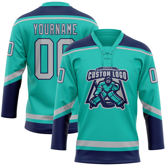 Custom Aqua Gray-Navy Hockey Lace Neck Jersey - Sky-Custom