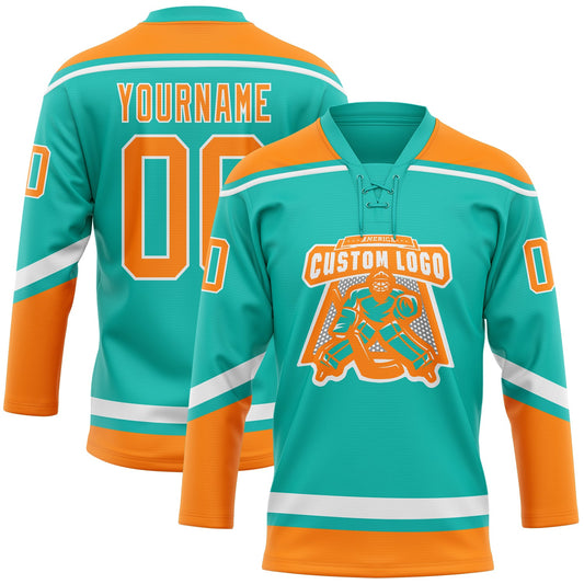 Custom Aqua Bay Orange-White Hockey Lace Neck Jersey - Sky-Custom