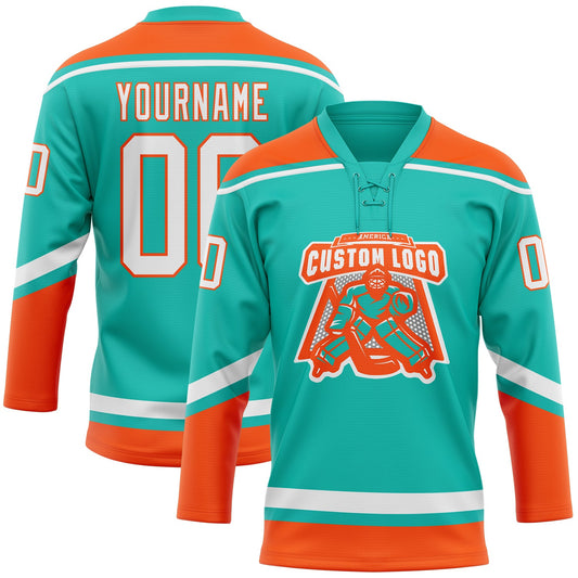 Custom Aqua White-Orange Hockey Lace Neck Jersey - Sky-Custom