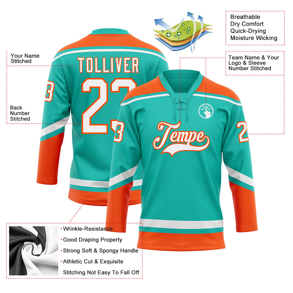 Custom Aqua White-Orange Hockey Lace Neck Jersey - Sky-Custom