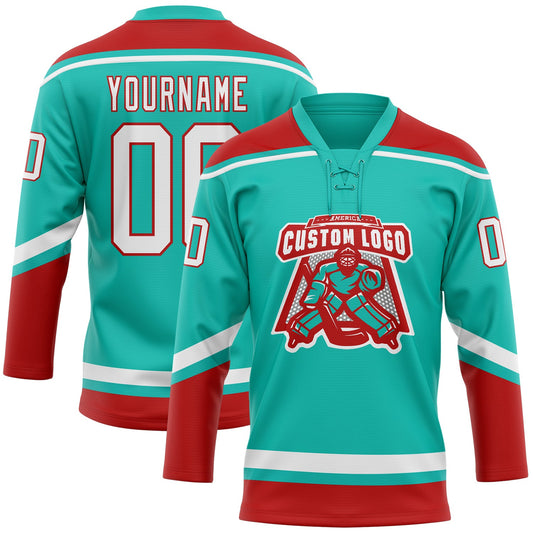 Custom Aqua White-Red Hockey Lace Neck Jersey - Sky-Custom