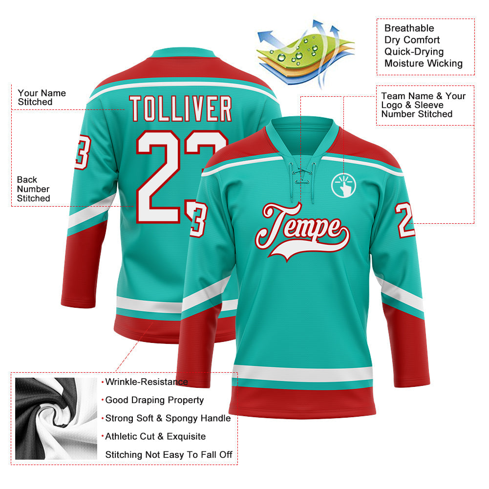Custom Aqua White-Red Hockey Lace Neck Jersey - Sky-Custom