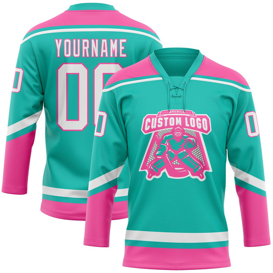Custom Aqua White-Pink Hockey Lace Neck Jersey - Sky-Custom