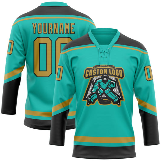 Custom Aqua Old Gold-Black Hockey Lace Neck Jersey - Sky-Custom