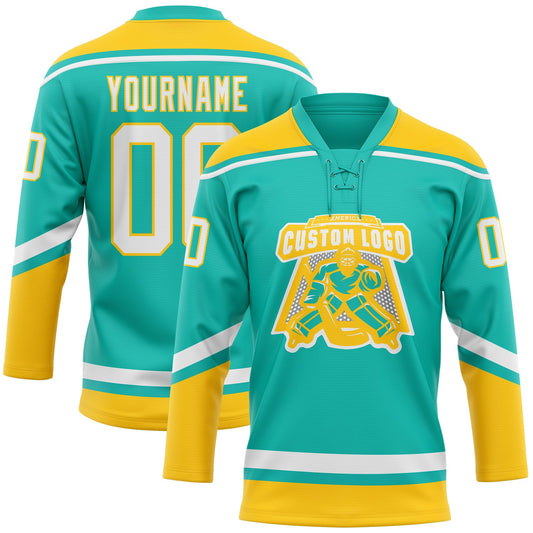 Custom Aqua White-Yellow Hockey Lace Neck Jersey - Sky-Custom