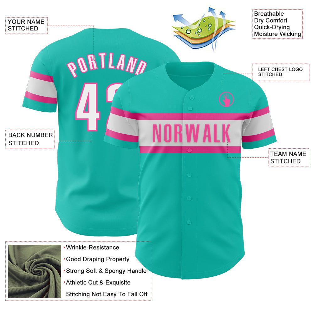 Custom Aqua White-Pink Authentic Baseball Jersey - Sky-Custom