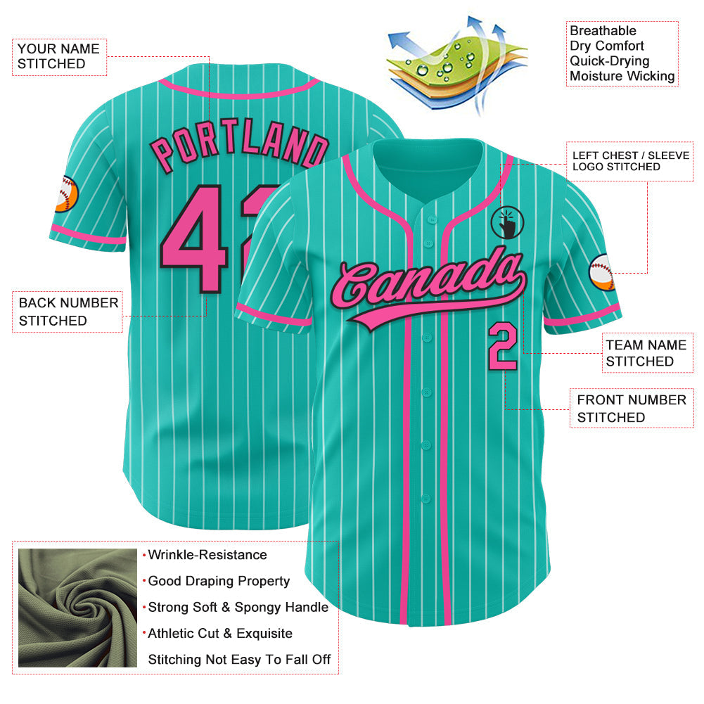 Custom Aqua White Pinstripe Pink-Black Authentic Baseball Jersey - Sky-Custom