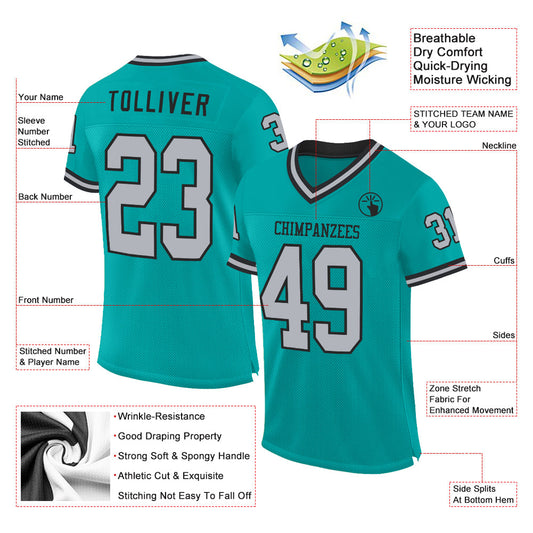 Custom Aqua Gray-Black Mesh Authentic Throwback Football Jersey - Sky-Custom