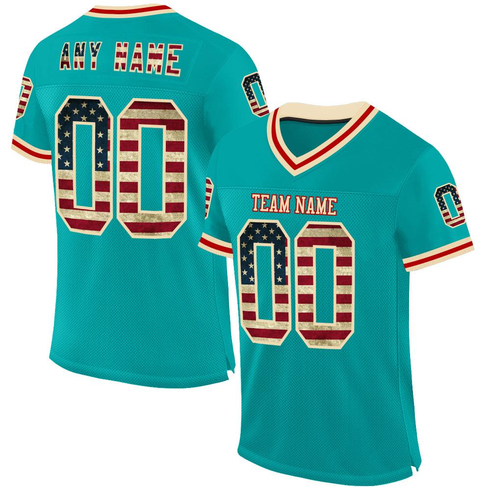 Custom Aqua Vintage USA Flag Cream-Red Mesh Authentic Throwback Football Jersey - Sky-Custom