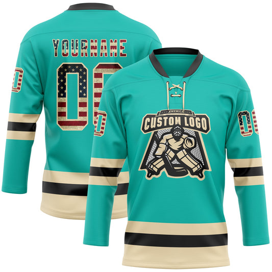 Custom Aqua Vintage USA Flag Cream-Black Hockey Lace Neck Jersey - Sky-Custom