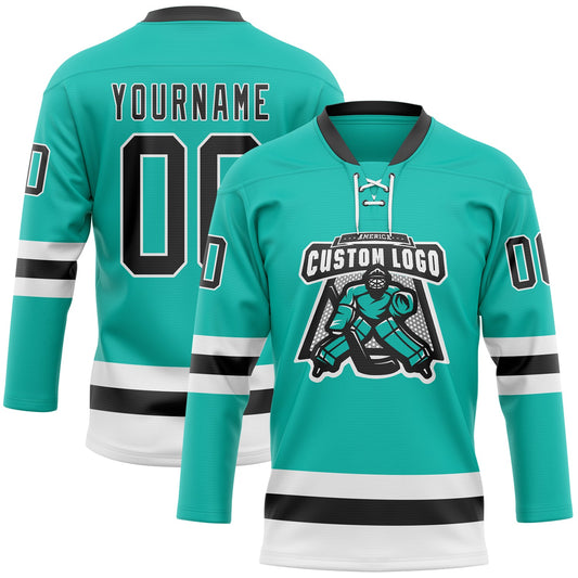 Custom Aqua Black-White Hockey Lace Neck Jersey - Sky-Custom