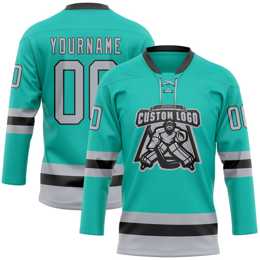 Custom Aqua Gray-Black Hockey Lace Neck Jersey - Sky-Custom