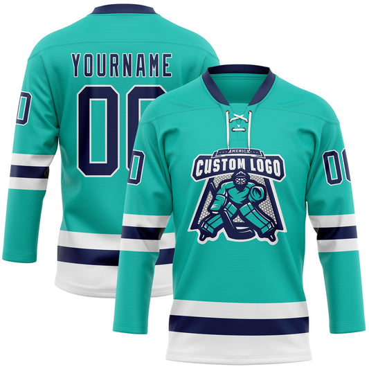 Custom Aqua Navy-White Hockey Lace Neck Jersey - Sky-Custom
