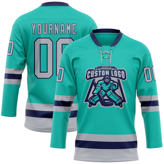 Custom Aqua Gray-Navy Hockey Lace Neck Jersey - Sky-Custom