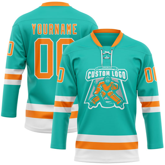 Custom Aqua Bay Orange-White Hockey Lace Neck Jersey - Sky-Custom