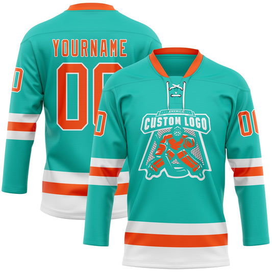 Custom Aqua Orange-White Hockey Lace Neck Jersey - Sky-Custom