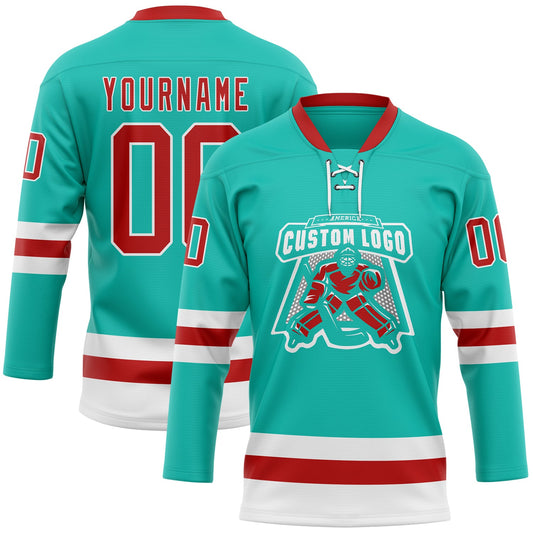 Custom Aqua Red-White Hockey Lace Neck Jersey - Sky-Custom