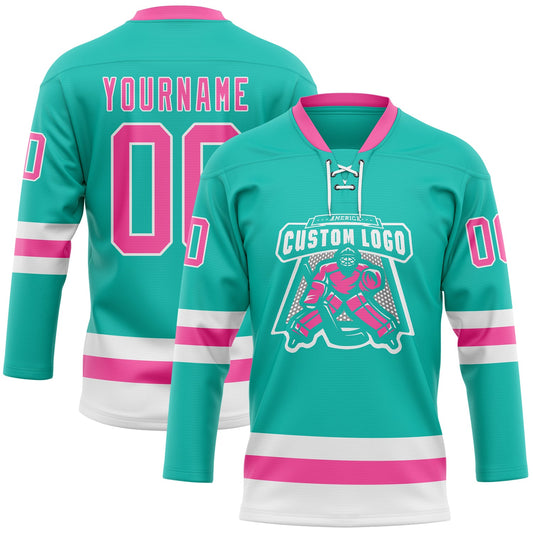 Custom Aqua Pink-White Hockey Lace Neck Jersey - Sky-Custom