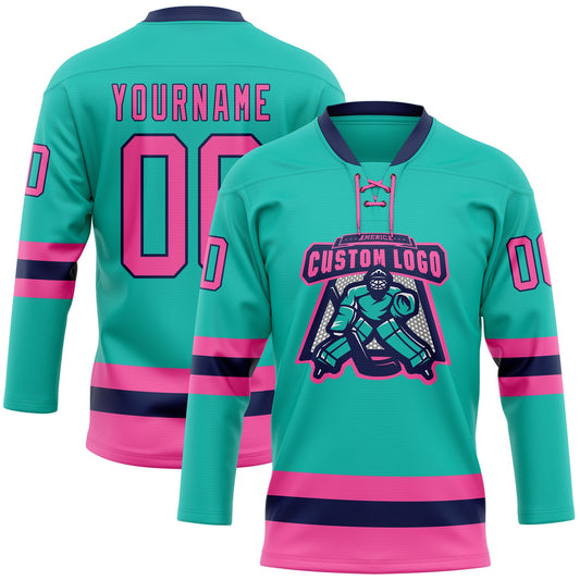 Custom Aqua Pink-Navy Hockey Lace Neck Jersey - Sky-Custom