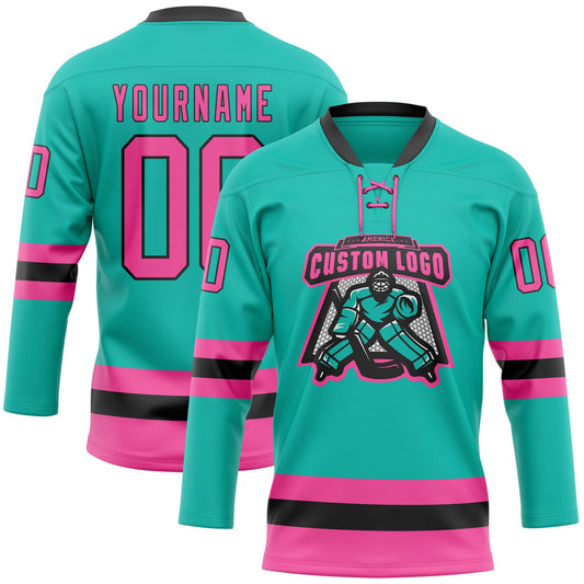 Custom Aqua Pink-Black Hockey Lace Neck Jersey - Sky-Custom