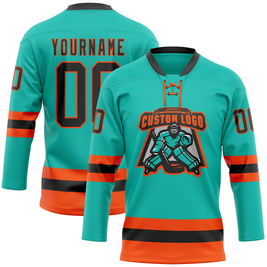 Custom Aqua Black-Orange Hockey Lace Neck Jersey - Sky-Custom