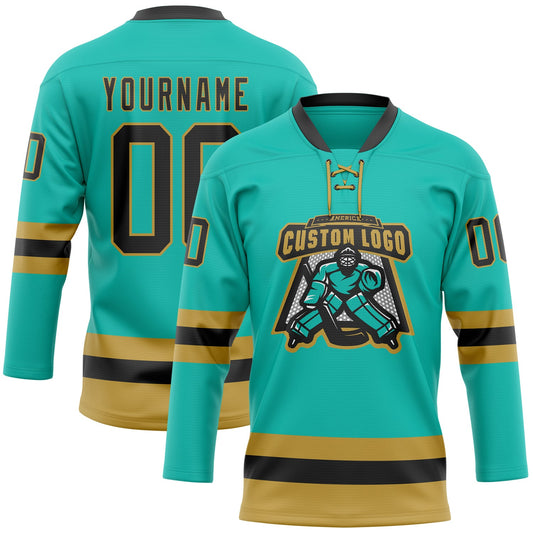 Custom Aqua Black-Old Gold Hockey Lace Neck Jersey - Sky-Custom