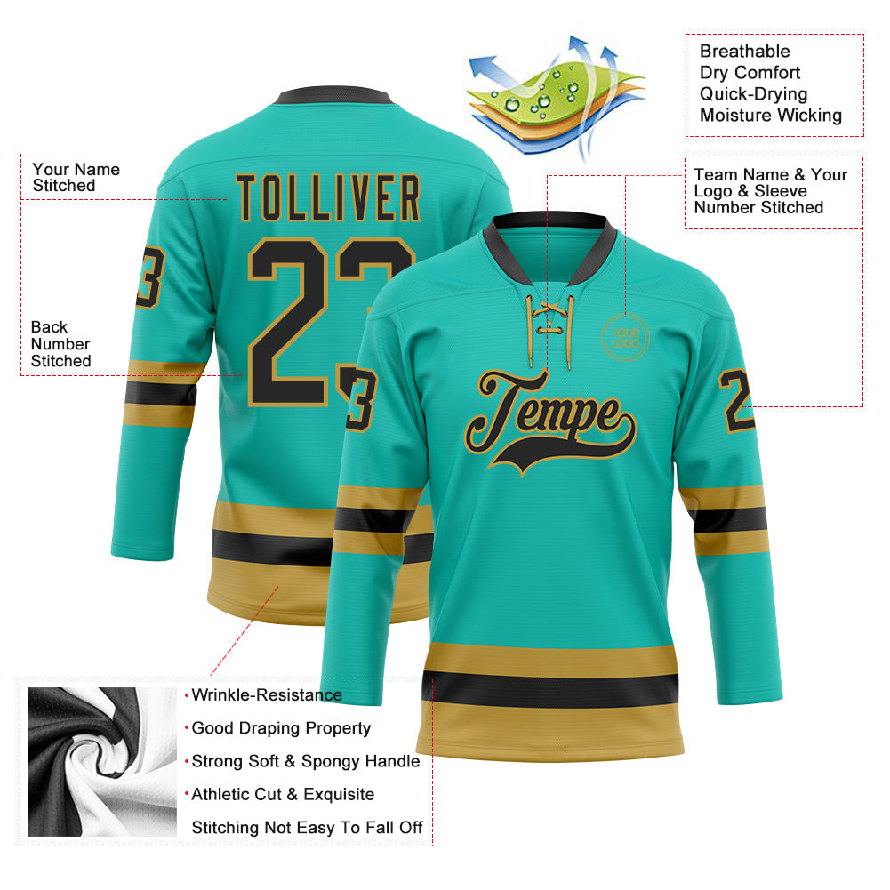 Custom Aqua Black-Old Gold Hockey Lace Neck Jersey - Sky-Custom