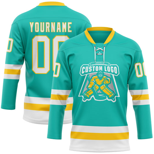 Custom Aqua White-Yellow Hockey Lace Neck Jersey - Sky-Custom