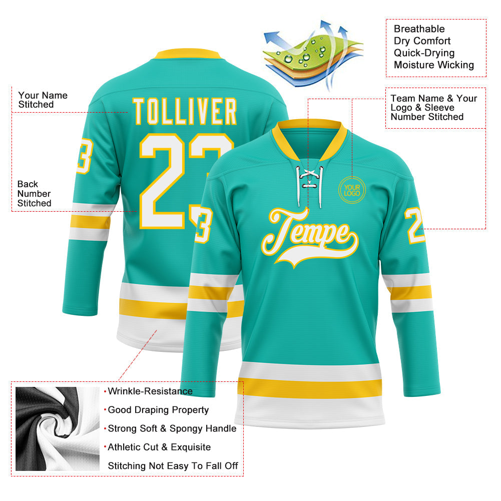 Custom Aqua White-Yellow Hockey Lace Neck Jersey - Sky-Custom