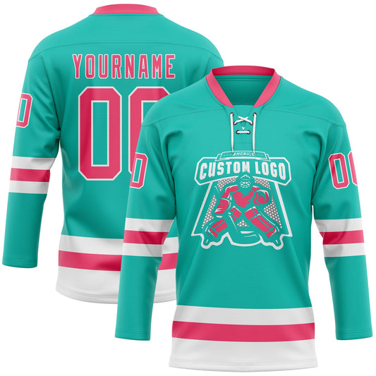 Custom Aqua Neon Pink-White Hockey Lace Neck Jersey - Sky-Custom