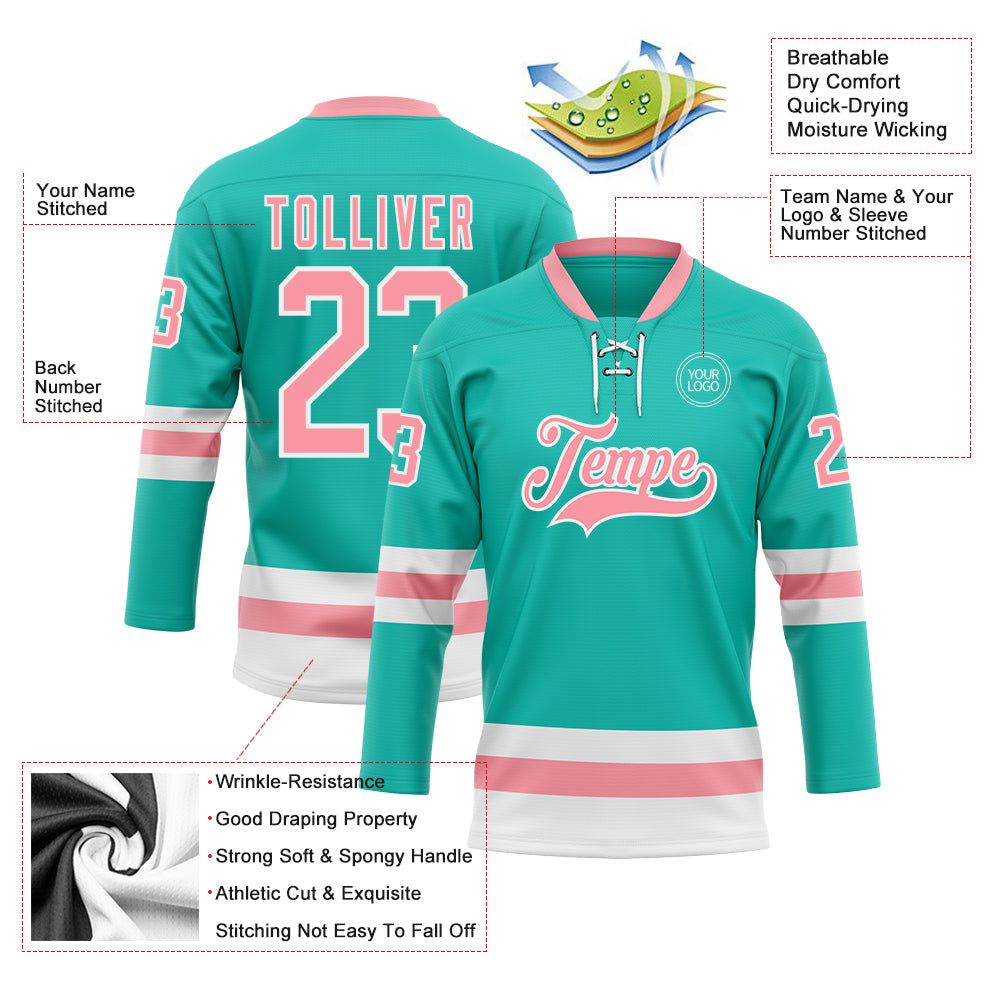 Custom Aqua Medium Pink-White Hockey Lace Neck Jersey - Sky-Custom