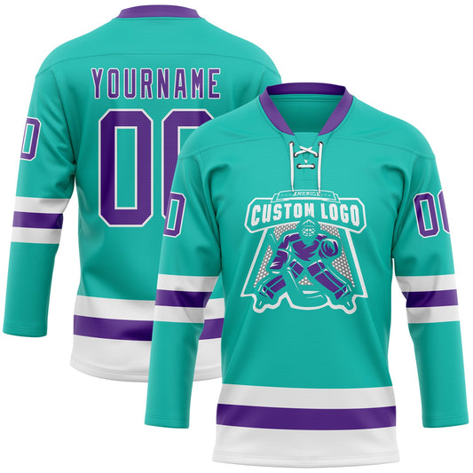 Custom Aqua Purple-White Hockey Lace Neck Jersey - Sky-Custom