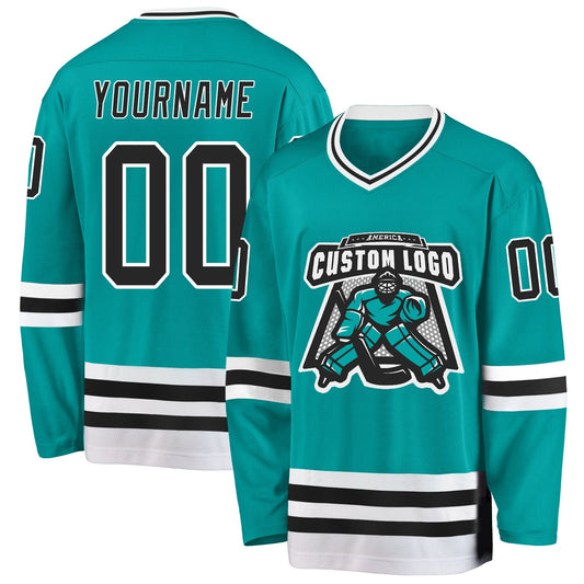 Custom Aqua Black-White Hockey Jersey - Sky-Custom