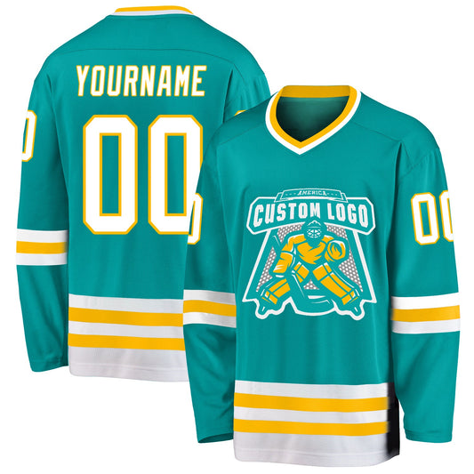 Custom Aqua White-Gold Hockey Jersey - Sky-Custom