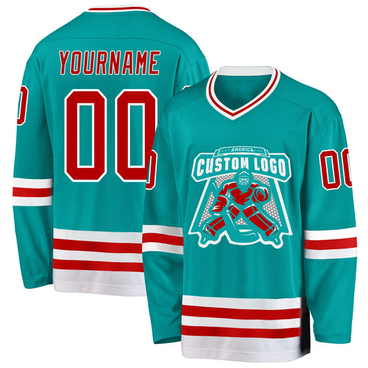 Custom Aqua Red-White Hockey Jersey - Sky-Custom