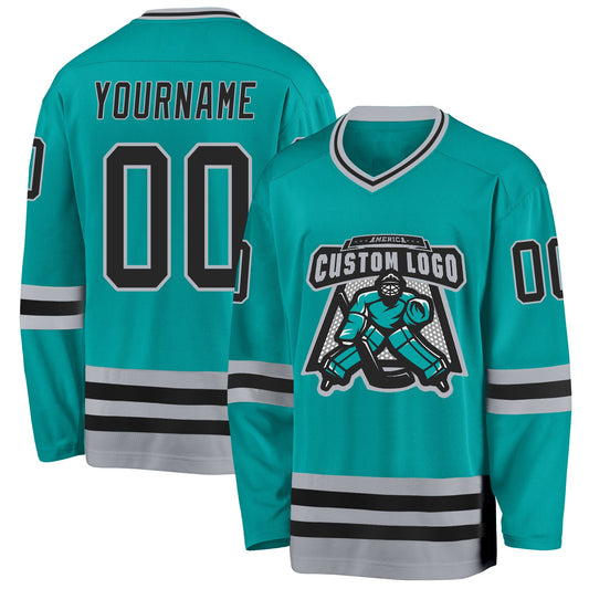Custom Aqua Black-Gray Hockey Jersey - Sky-Custom