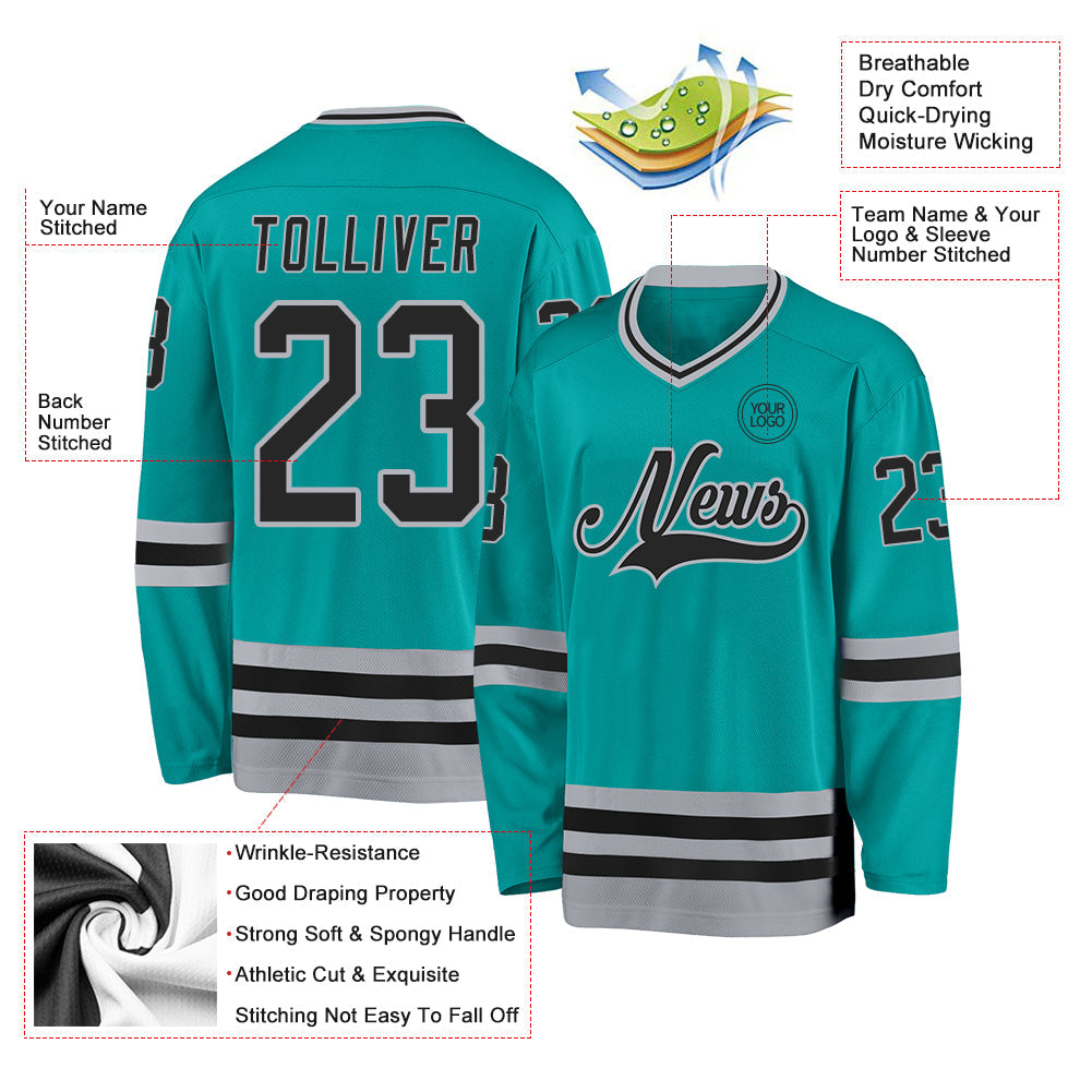 Custom Aqua Black-Gray Hockey Jersey - Sky-Custom