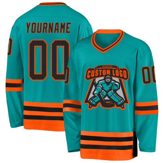Custom Aqua Black-Orange Hockey Jersey - Sky-Custom
